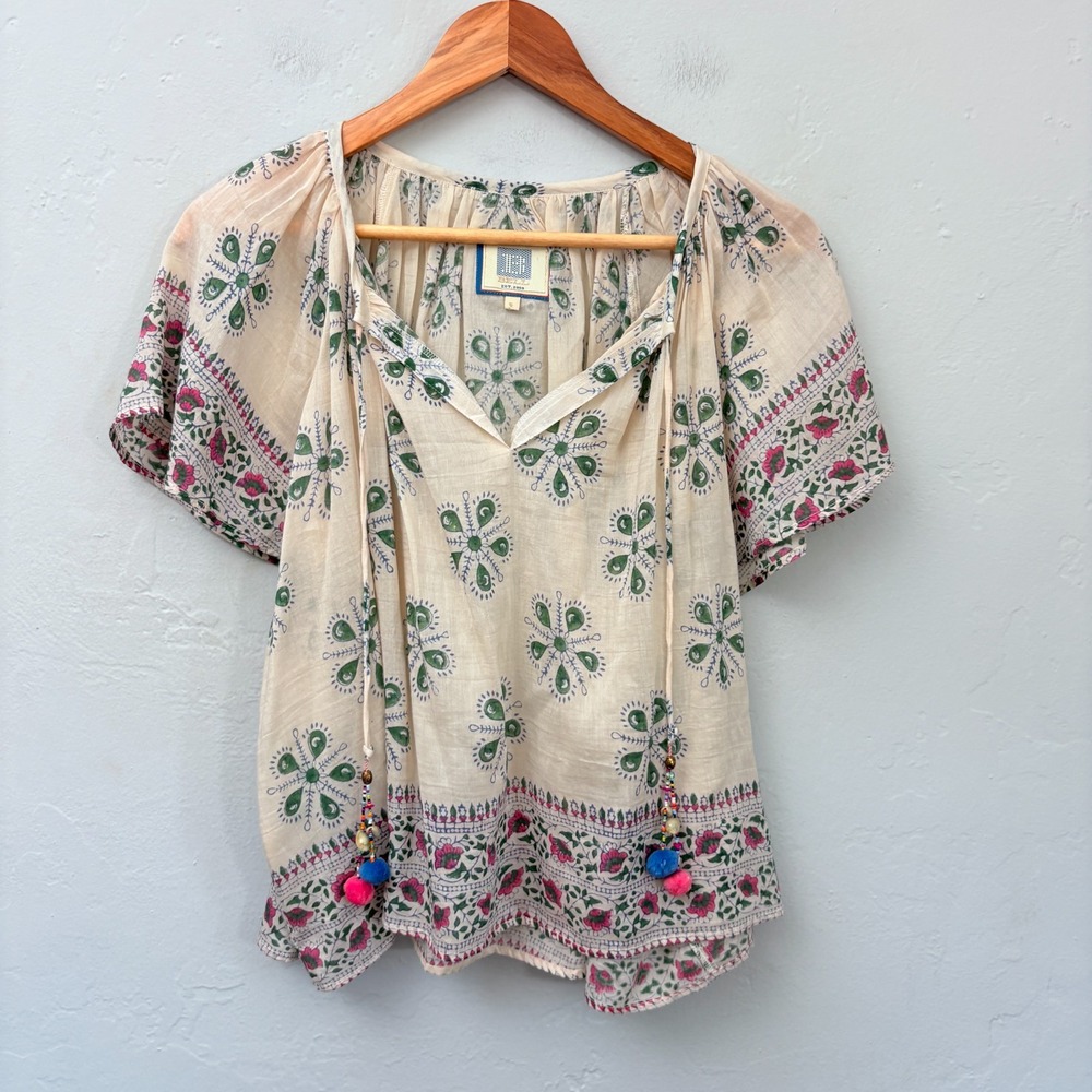 Bell by Alicia Bell Rita Tunic Top Women Size Small Green Pink Boho Sheer Silk